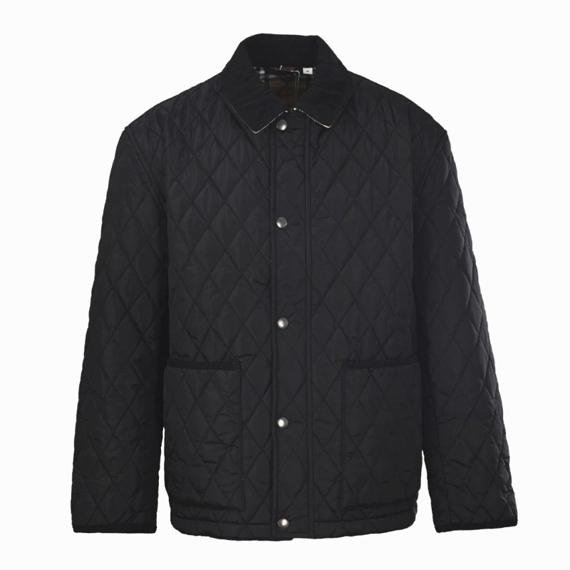 Burberry Black Quilted Jacket with Corduroy Collar and Check-Twill Lining