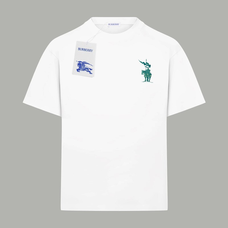 Burberry White Tee with Colorful Equestrian-Knight Print in 280g Double-Yarn Cotton