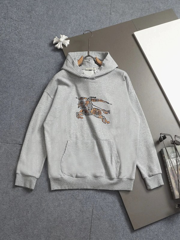 Burberry Gray Hoodie in a Relaxed Cut with Check Plaid Collar Trim
