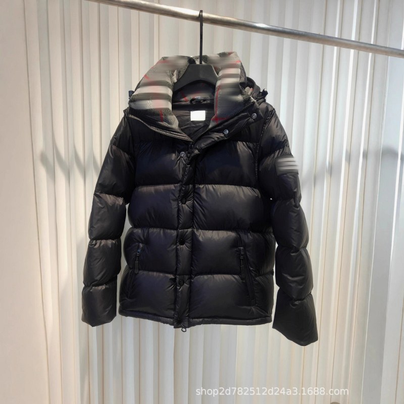 Burberry-Style Black Puffer With Detachable Sleeves and a Check-Lined Hood