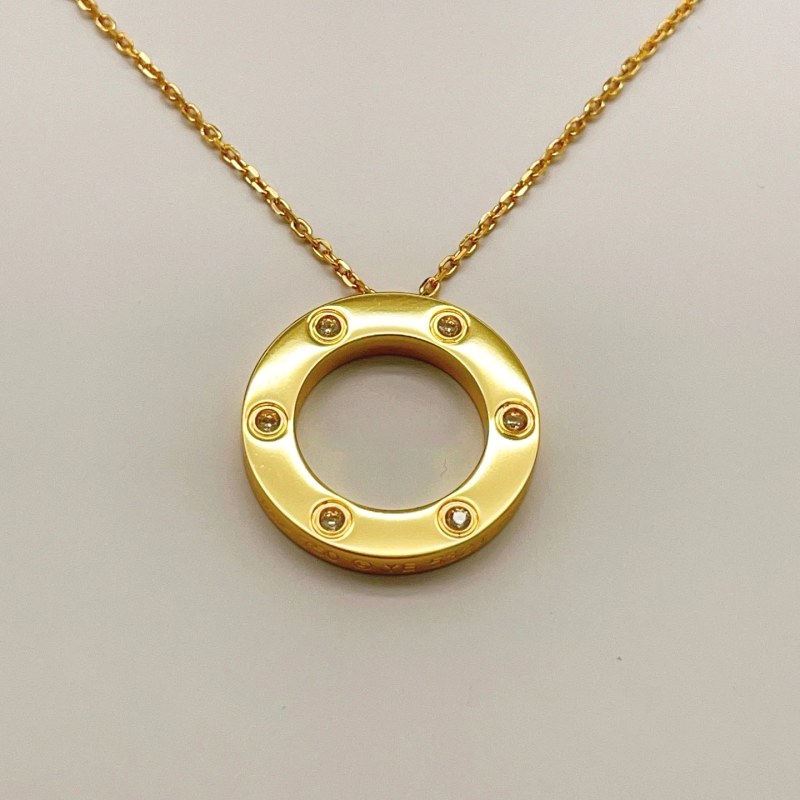 Cartier-Style Gold-Tone Brass Necklace with Six-Stone Round Pendant