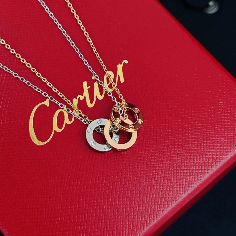 Cartier Trinity-Style Double-Chain Three-Ring Pendant Necklace in Brass