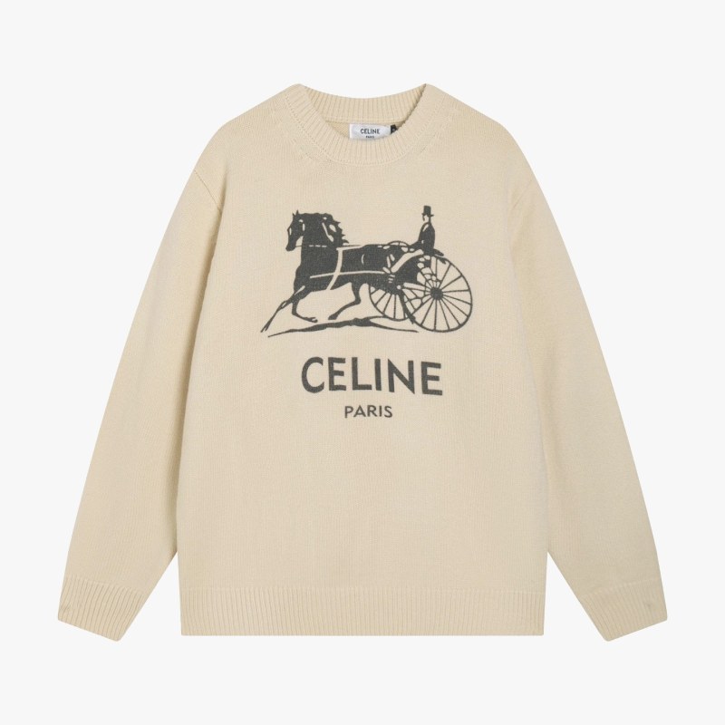 Celine Carriage-Logo Jacquard Wool Crewneck in Beige