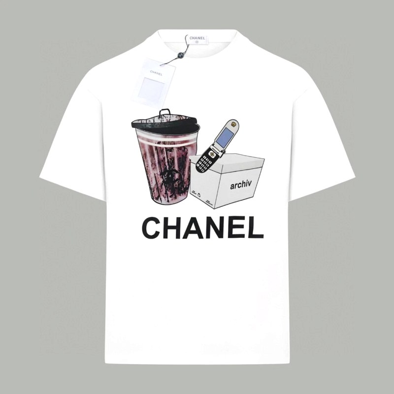 Chanel White Graphic Tee in 280G Double-Yarn Cotton with a Dropped-Shoulder, Unisex Cut