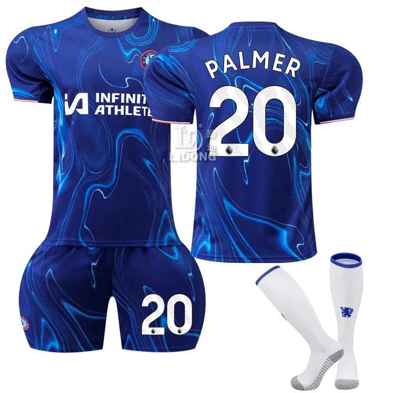 A Chelsea-style retro football jersey in polyester, sold in numbered sets with socks and a wide size grid