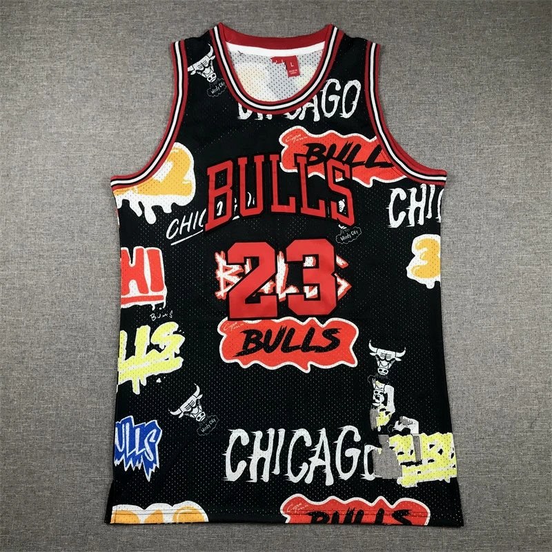 Chicago Bulls Black Retro-Style Basketball Jersey in a Graffiti 23 Colorway