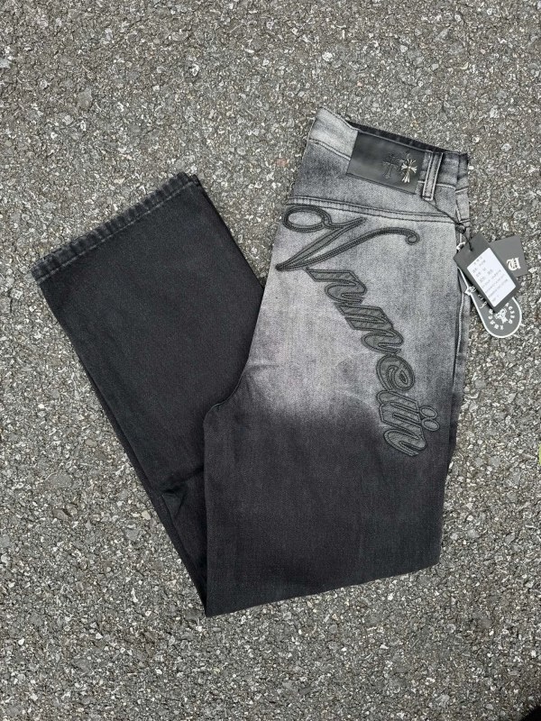 Chrome Hearts-Style Gray Straight-Leg Denim, FW26 Cross-Patch Cut in M–XXL