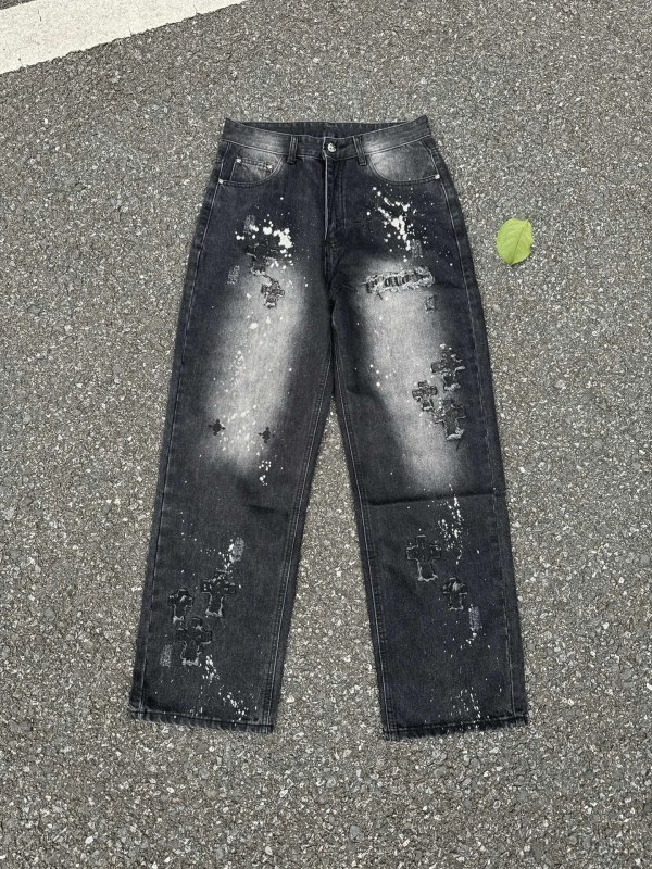 Chrome Hearts Black Denim Long Pant in a Straight Slim Cut With Distressed Embroidery