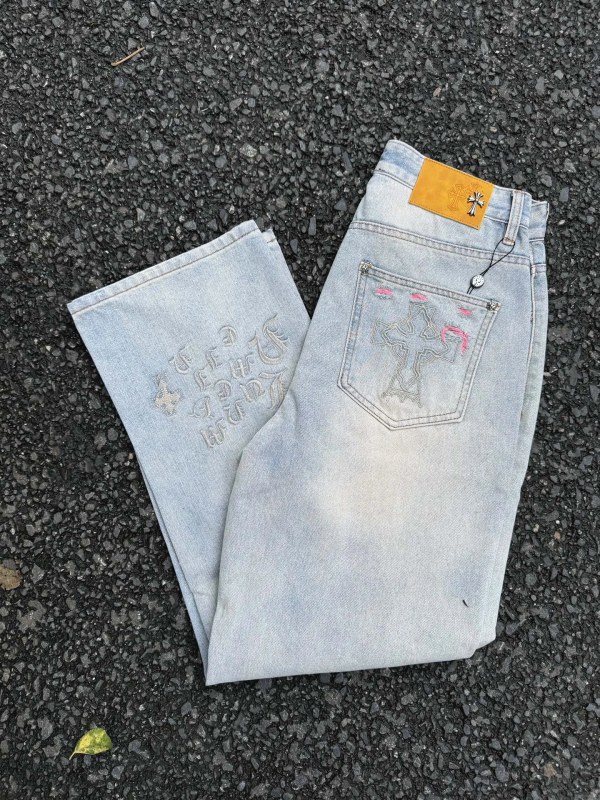 Chrome Hearts blue distressed denim, FW26 H084, in a unisex straight-slim cut