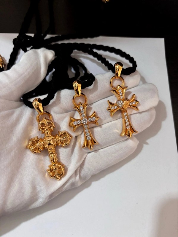 Gold Chrome Hearts Cross Pendant on a Diamond-Set Leather Cord