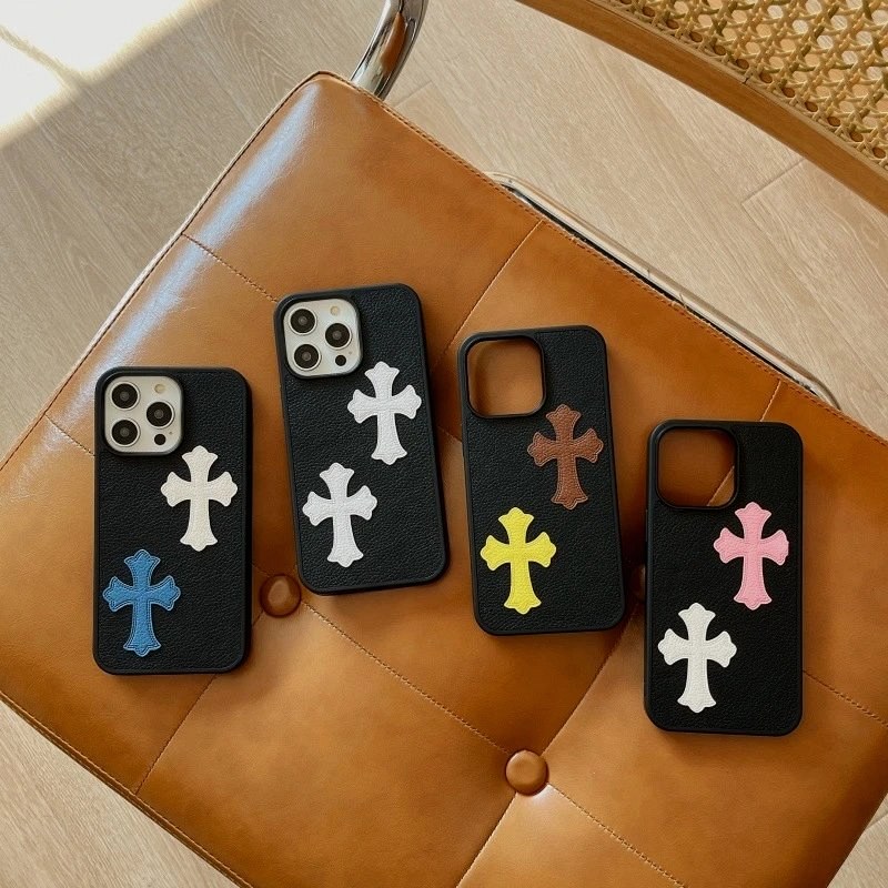Chrome Hearts cross multicolor phone case collection in embossed TPU, sized across iPhone 11–17 Air