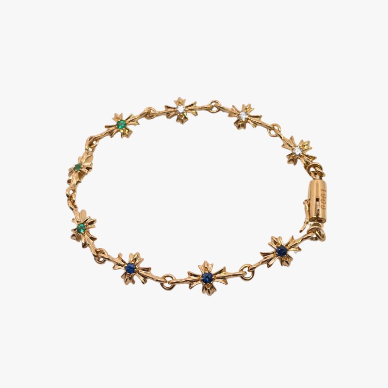 Chrome Hearts-Style Cross-Flower Bracelet in 22k Gold Plating with Hand-Set Stones