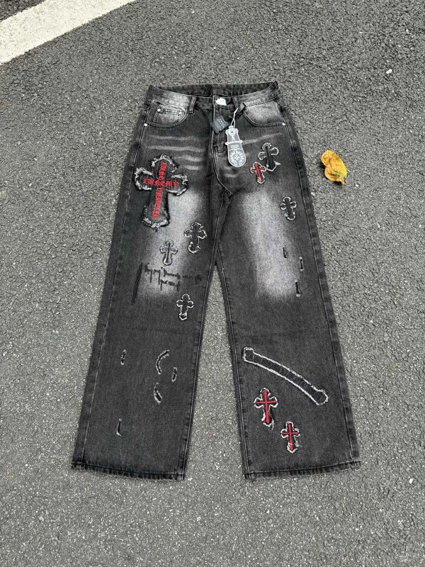Chrome Hearts gray distressed-embroidery jeans, unisex straight-slim cut in six sizes