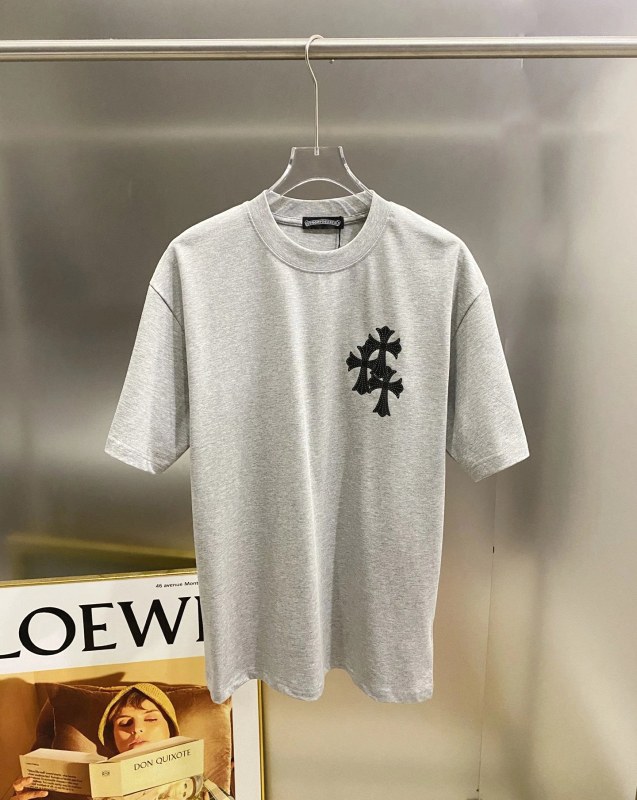 Chrome Hearts gray tee with cross leather appliqué, raised print and crystal-set detailing
