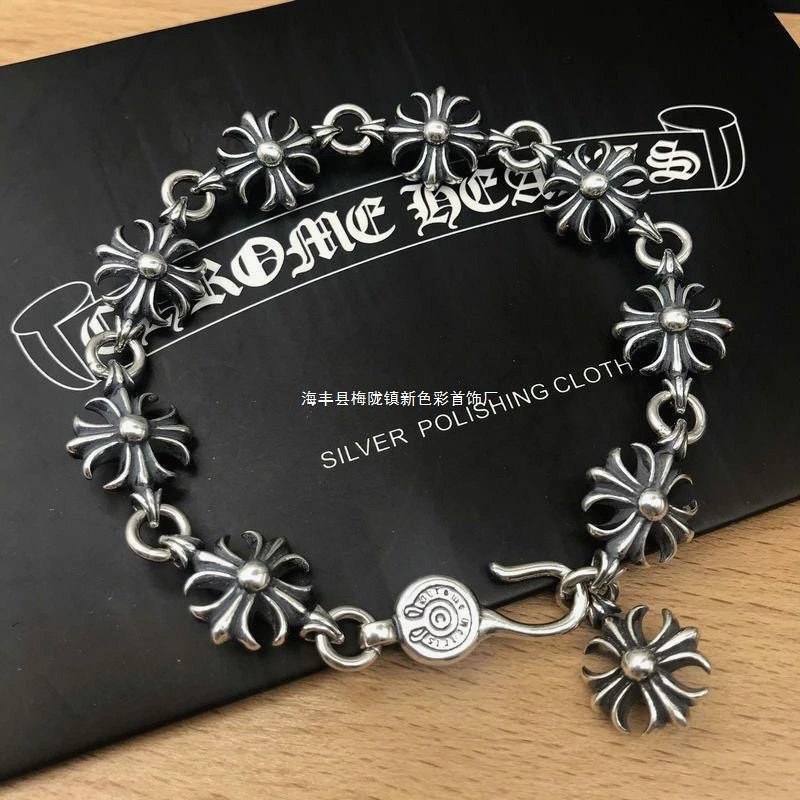 Chrome Hearts-Style Silver Cross Bracelet in a Chunky, Oxidized Punk Register