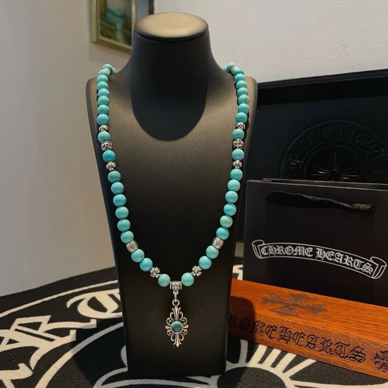 Chrome Hearts Silver-Bead and Turquoise Strand Necklace with a Black Oxidized Finish