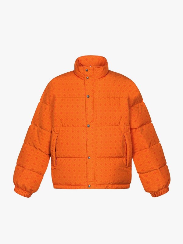Chrome Hearts Orange Puffer Jacket With a Woven Jacquard Shell and Quilted Fill
