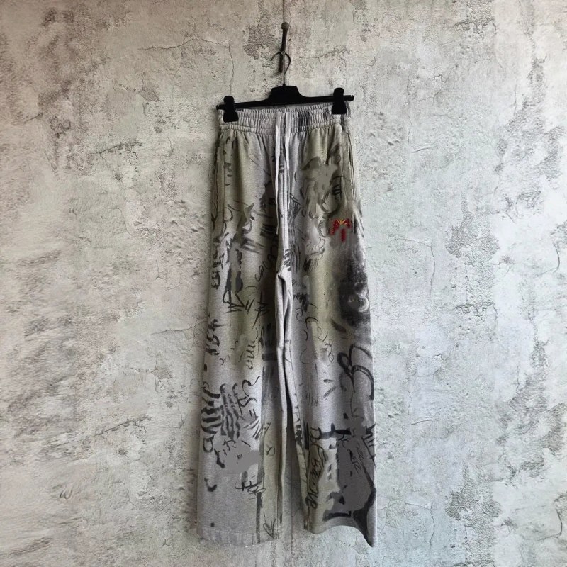 Chrome Hearts Gray Casual Pants: Loose Straight-Leg Cotton with a Hand-Drawn Print
