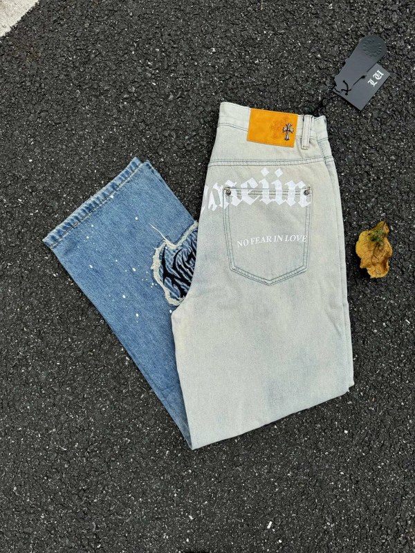 Chrome Hearts FW26 Distressed Embroidered Denim in a Straight-Slim Blue