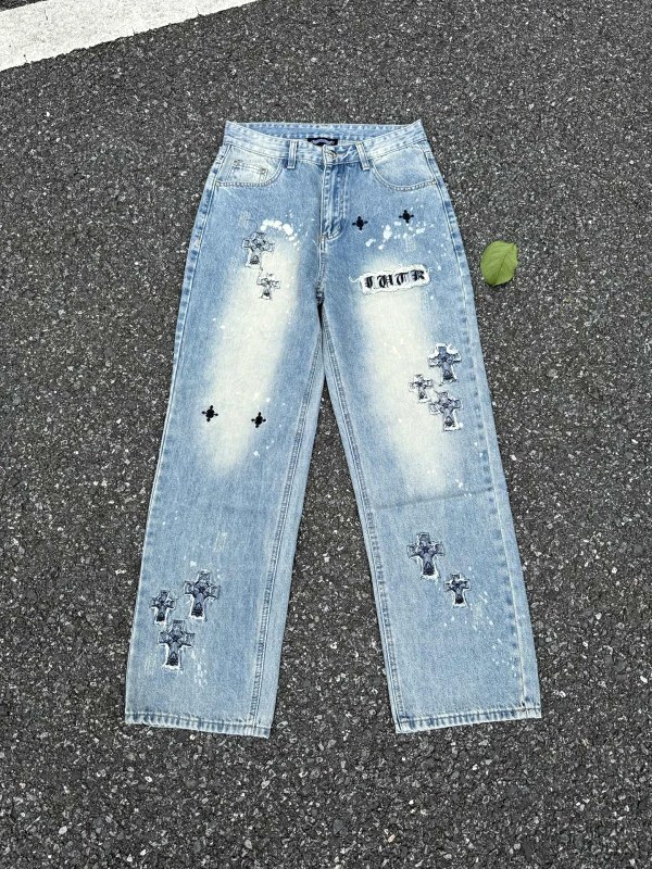 Chrome Hearts H176 blue denim with destroyed embroidery in a straight unisex cut
