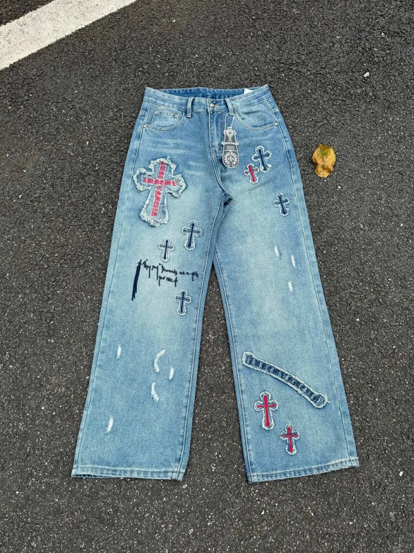 Chrome Hearts-Style Blue Distressed Straight-Slim Jeans with Embroidered Cross Motif