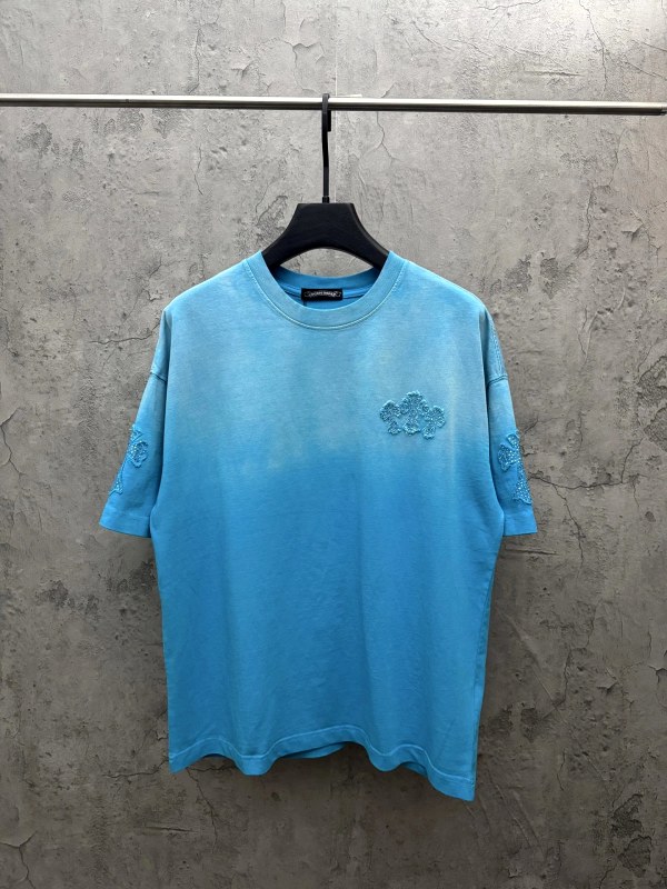 Chrome Hearts Washed Streetwear Tee with Appliqué Embroidery and Rhinestone Detailing