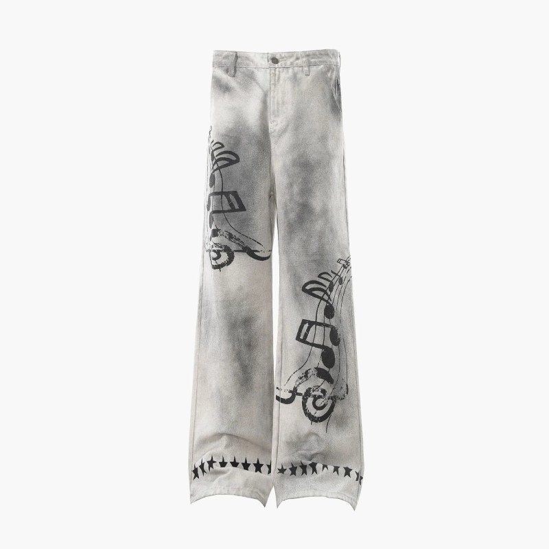 Chrome Hearts White Jeans: Straight-Leg Distressed Print Pants in Polyester