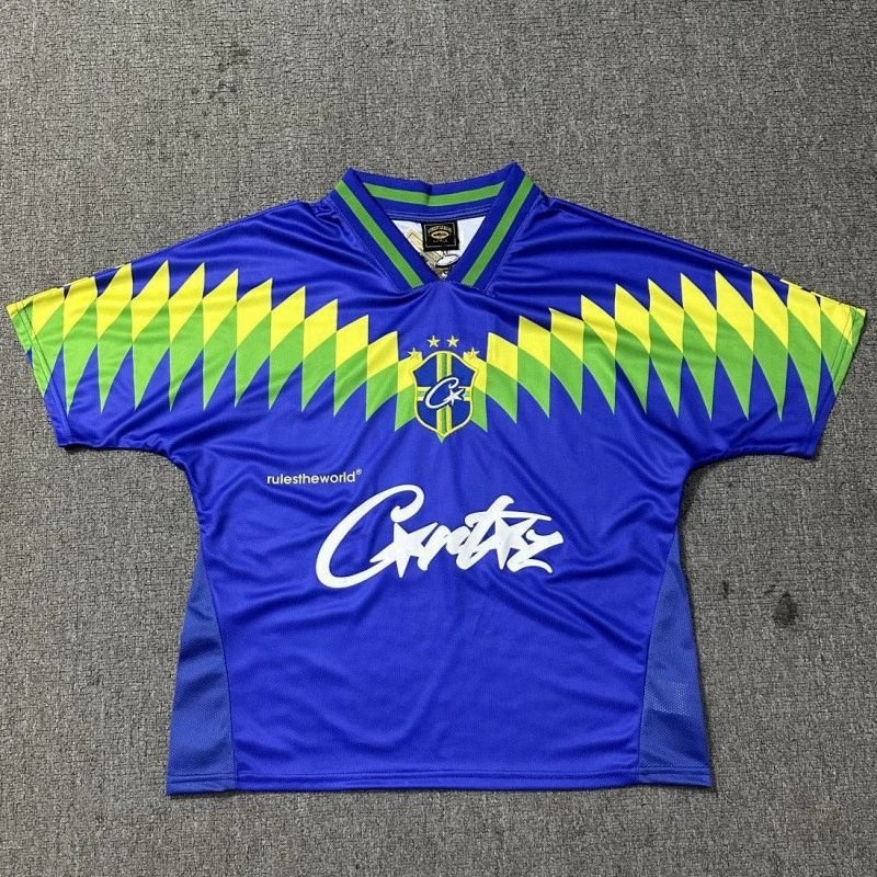 Corteiz Blue Retro Sports Jersey: V-Neck, 3D Print, Sizes S–4XL