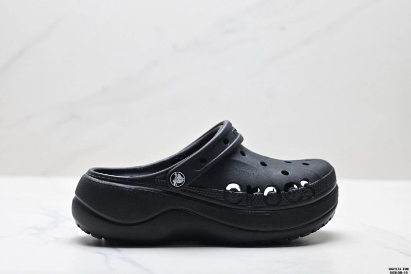 Crocs Black Clogs: an injection-molded EVA platform slip-on with a closed heel strap, in women's W5–W9
