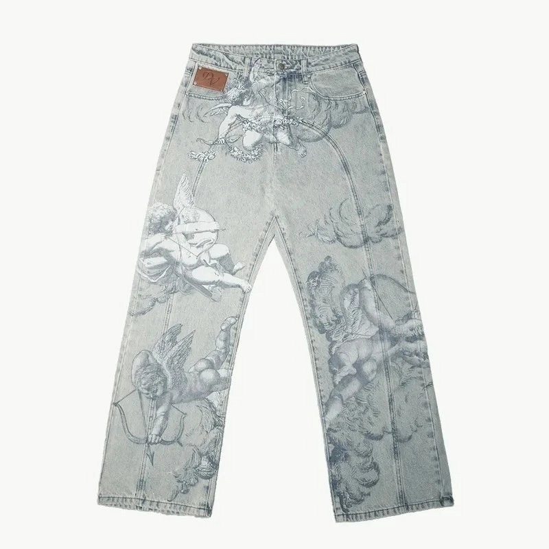 Cupid Angel Print Wide-Leg Jeans: Angel Motif Denim With a Full, Relaxed Leg