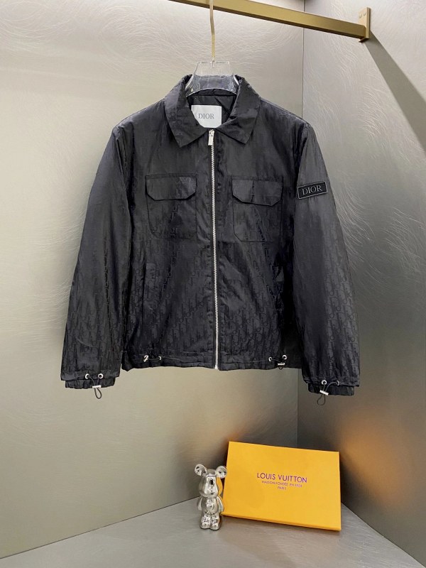 Dior Black Zip Jacket With All-Over Dark Print, Lapel Collar, and Chest Pockets