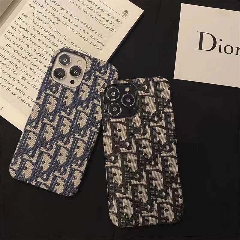 Dior-branded embroidered half-wrap phone case in faux leather hard shell with wide iPhone model coverage
