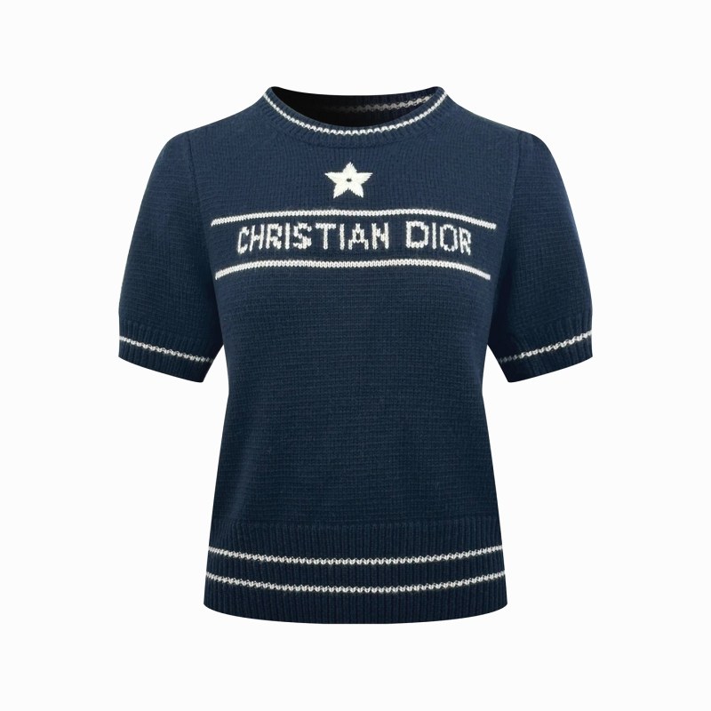 Dior Navy Cropped Knit Sweater with Centered Lucky-Star Intarsia