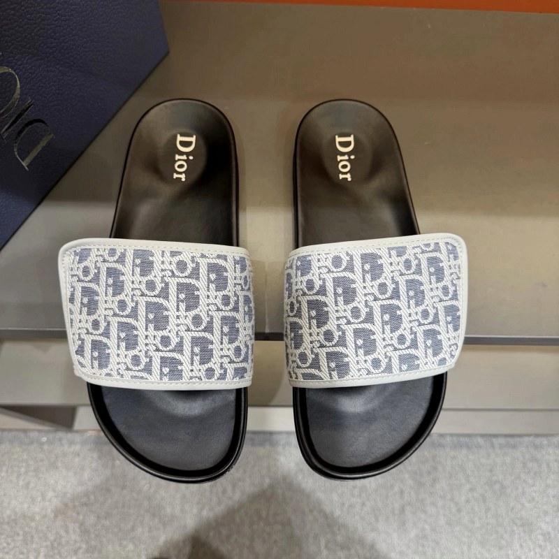 Dior Logo Black Slides With an Aqua Oblique Print Upper and Molded T Sole