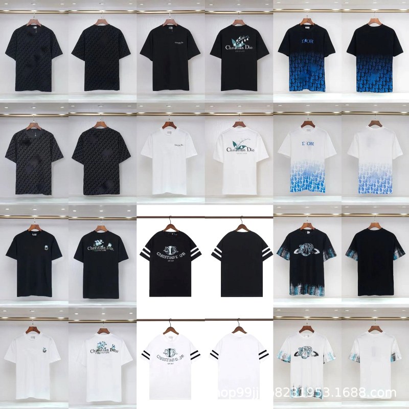 Dior multicolor print and embroidery T-shirt line — pure cotton, loose cut, 32 black-and-white colorways in S–XXL