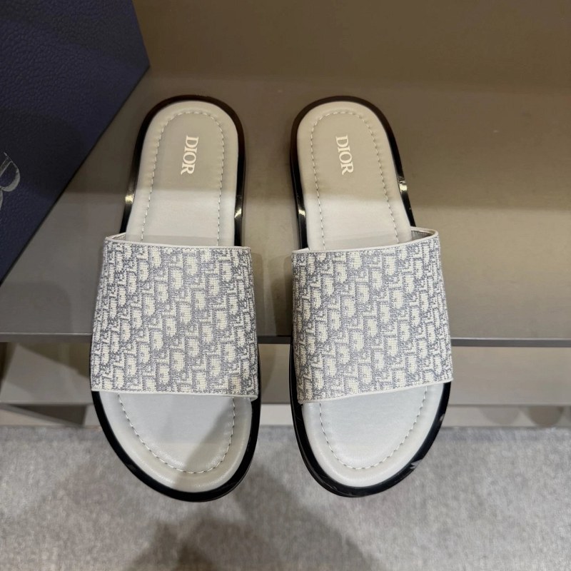 Dior Gray Cross-Strap Slides in Grained Calf Leather with Brass Diamond Hardware