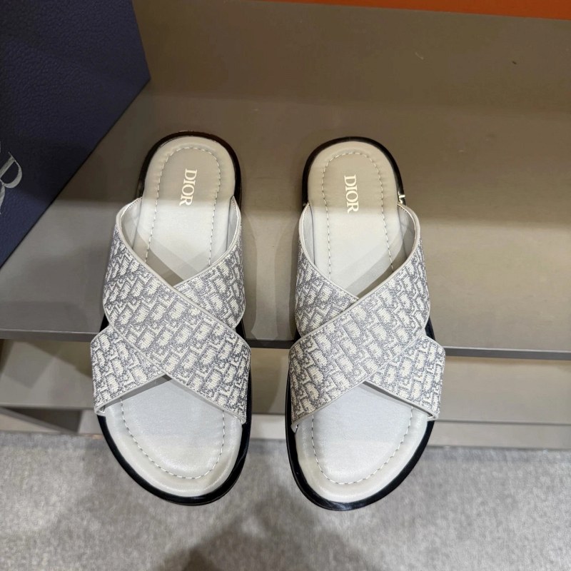 Dior Gray Slides in Grain Calf Leather with Oblique-Print Crossed Straps