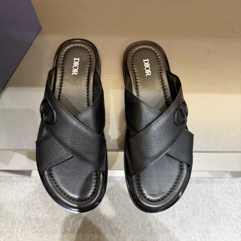 Dior Alias-Style Black Slides in Grained Calfskin with Oblique Crisscross Straps