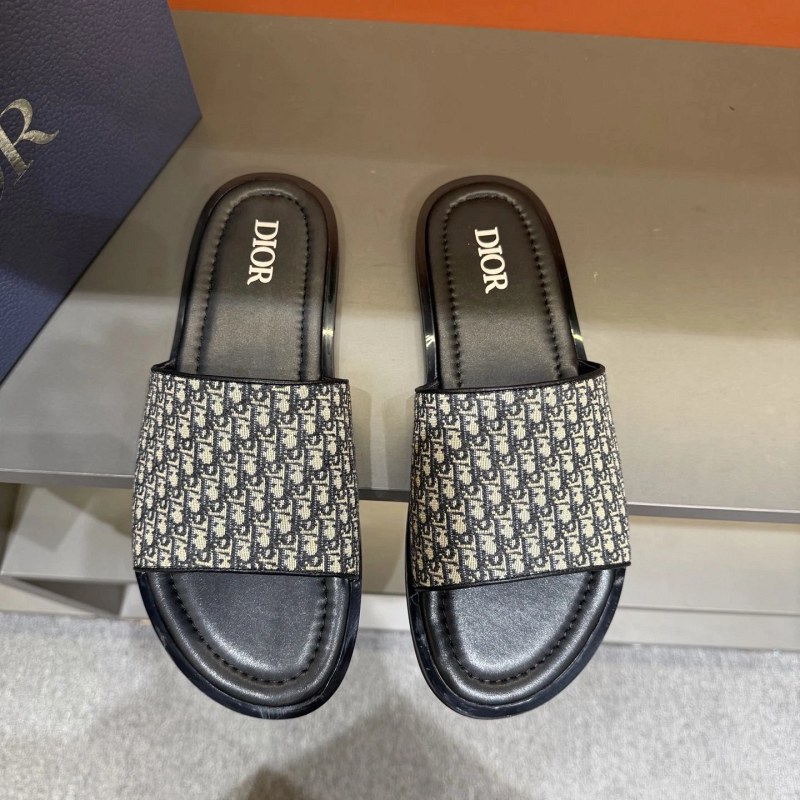 Dior gray cross-band slides with Oblique-print panel and brass Diamond emblem