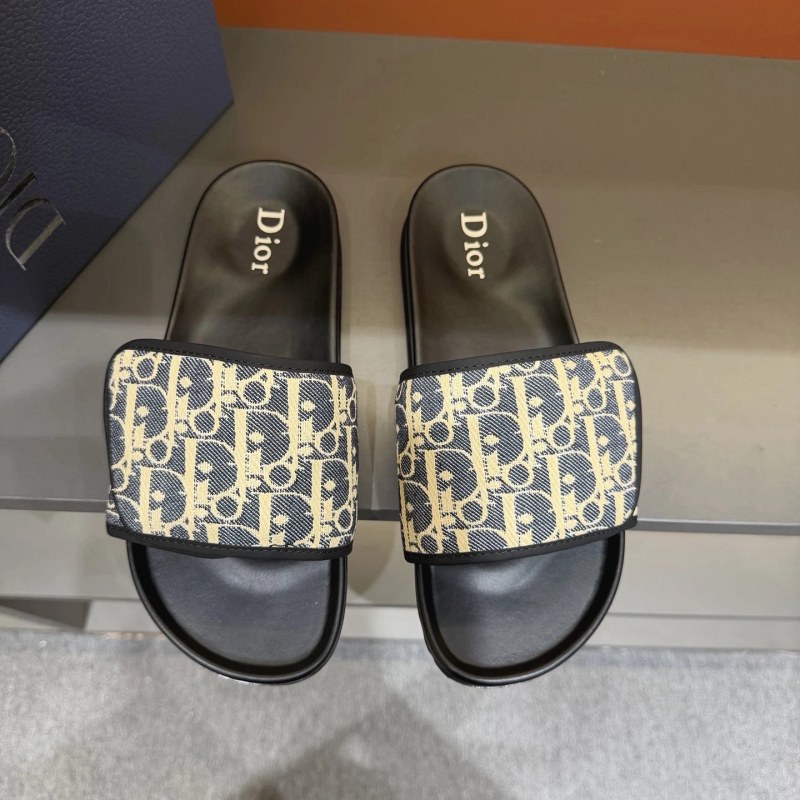 Dior Black Slides with an Adjustable Hook-and-Loop Strap and Oblique-Print Upper