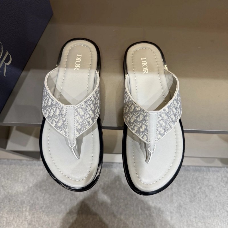 Dior Gray Cross-Strap Slides with Oblique-Print Panels and Leather Lining