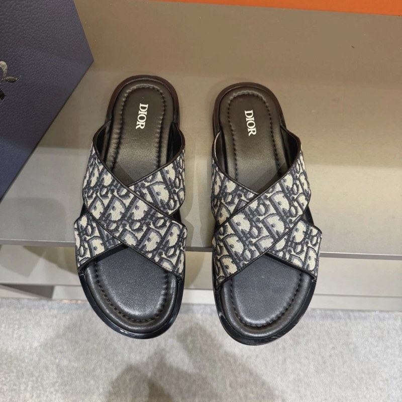 Dior Black Crisscross Slides with Oblique-Print Leather and a Metal Diamond Logo