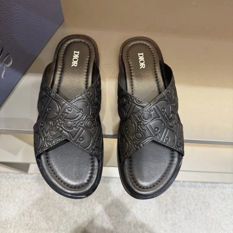 Dior Crossed-Strap Slides in Grained Calfskin with Oblique Print and Brass Diamond Logo