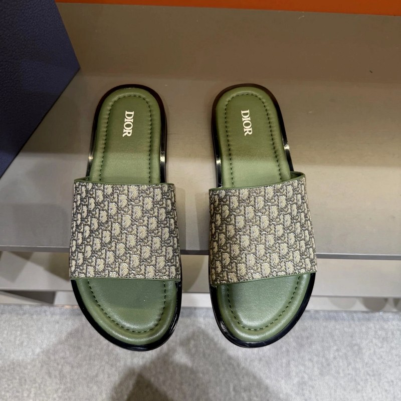 Dior Alias Slides in Green Grained Calfskin with Oblique-Print Straps and Brass Diamond Hardware
