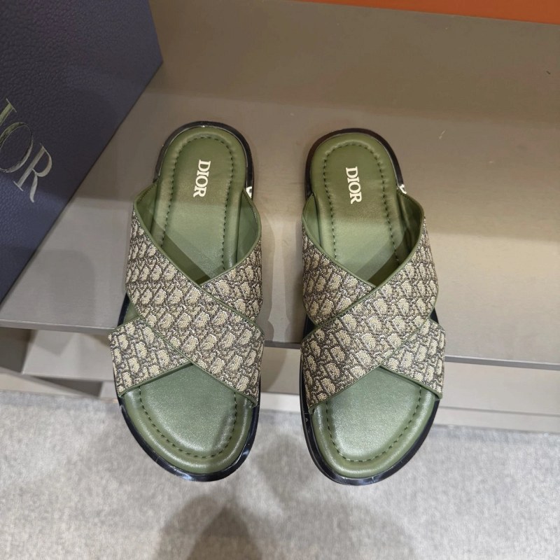 Dior Green Cross-Strap Slides in Grained Calf Leather with Oblique Print and Brass Diamond Hardware