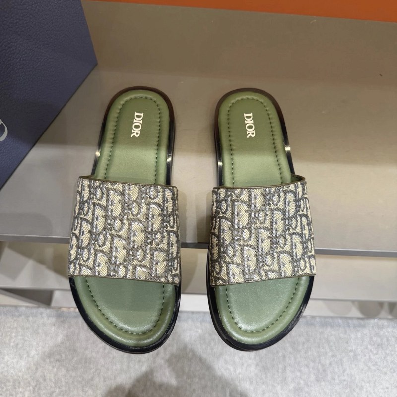Dior Green Cross-Strap Slides in Grain Calf Leather with Oblique-Print Trim and Brass Diamond Hardware