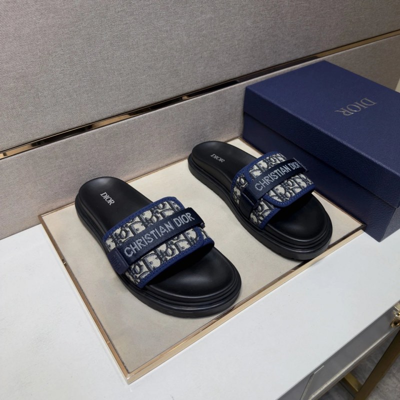 Dior casual slides with a multi-material upper and leather lining, sold in two colors across a wide European size run
