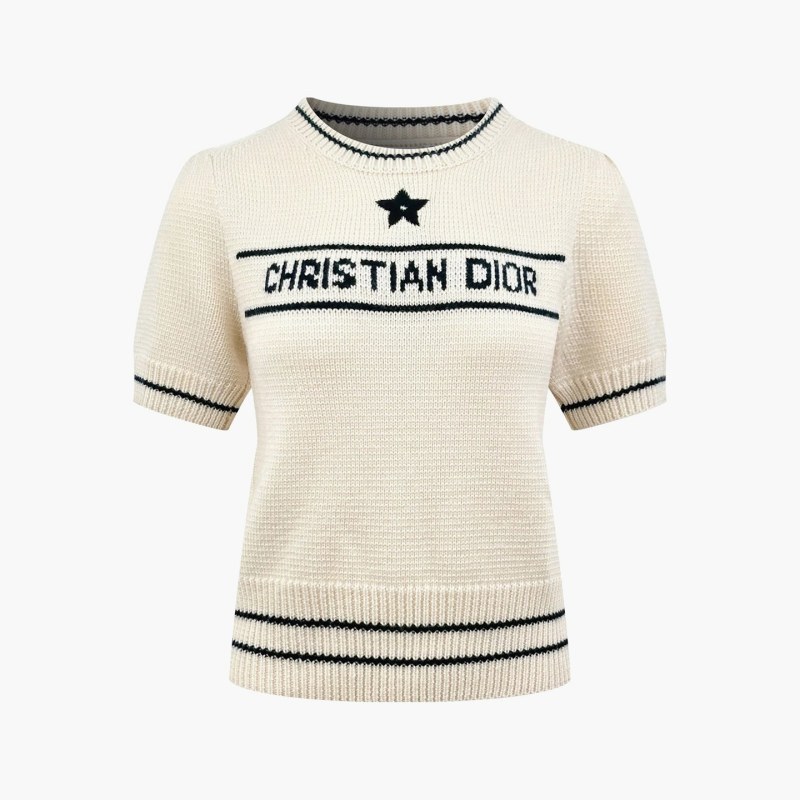 Dior White Short-Sleeve Knit Sweater with Center Star Intarsia and Cistian Logo Band
