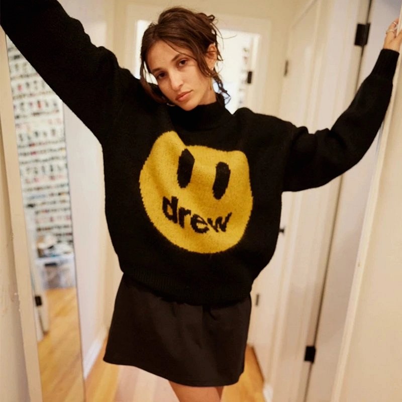 Drew House Smiley Jacquard Turtleneck Sweater in Black, Cut Loose and Boxy