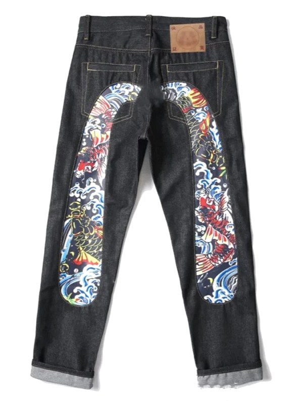 Evisu Black Denim Shorts in a Mid-Rise Straight Cut with Print and Wash Finishing
